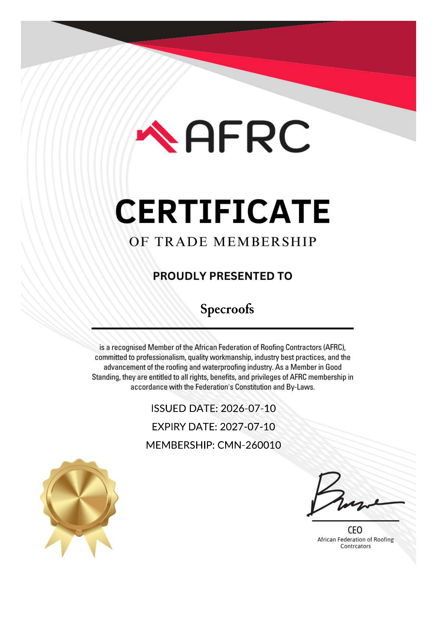 Specroofs supporting certificate